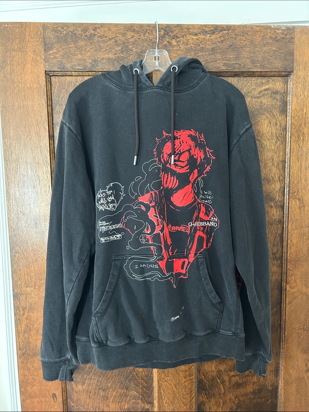 Black Graphic Corpse Husband Pullover Hoodie with Red Illustration
